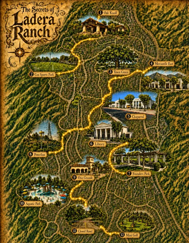 Illustrated map of Ladera Ranch showing the twelve real locations featured in the book
